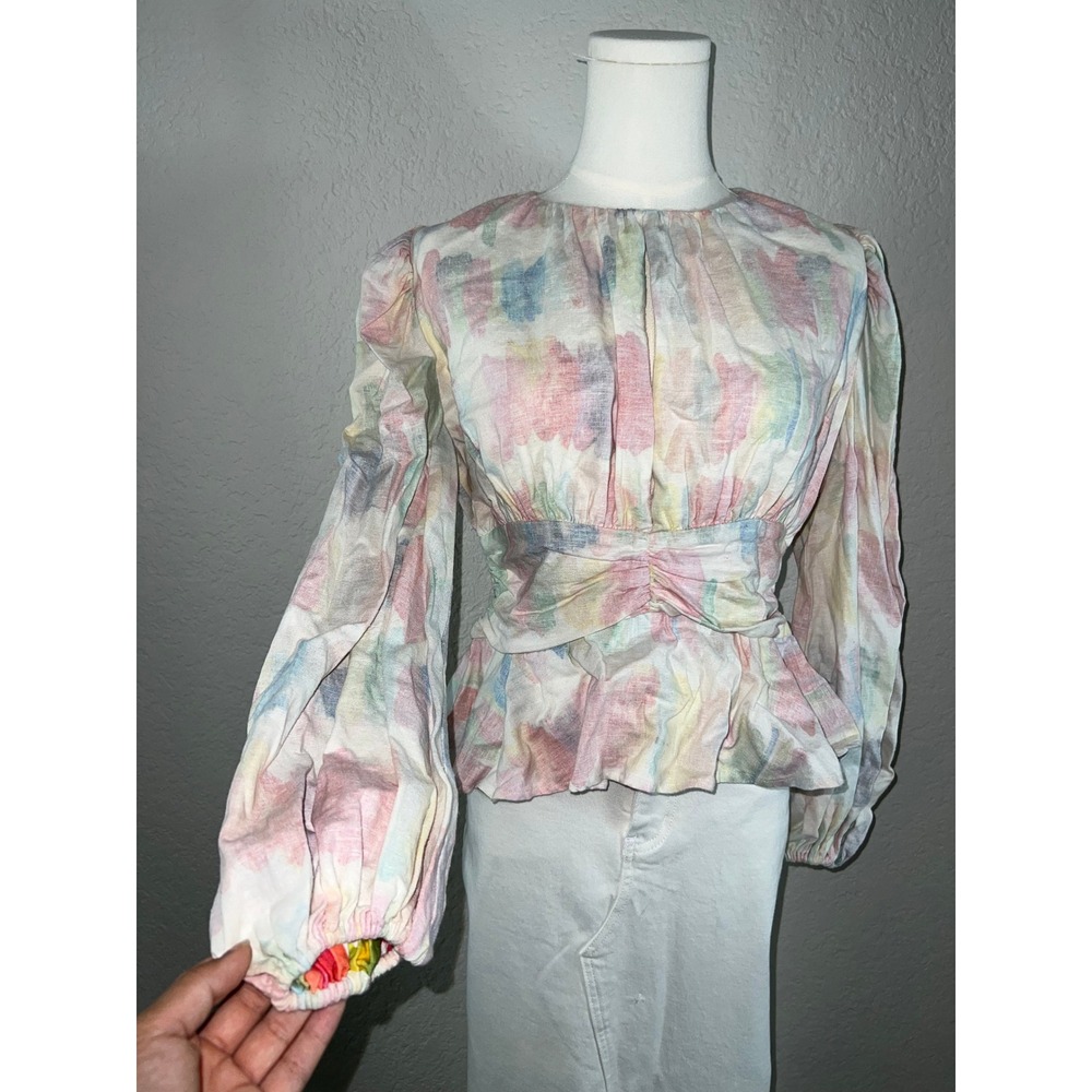 Pastel Watercolor Abstract Print Peplum Blouse Puff Sleeve Ruched Waist Top
